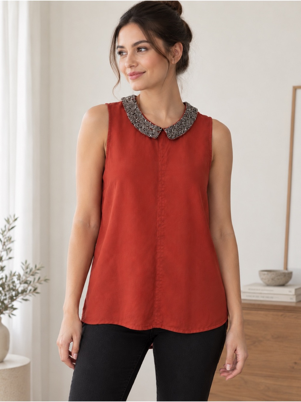 Rust Beaded Peter Pan Collar Sleeveless Top